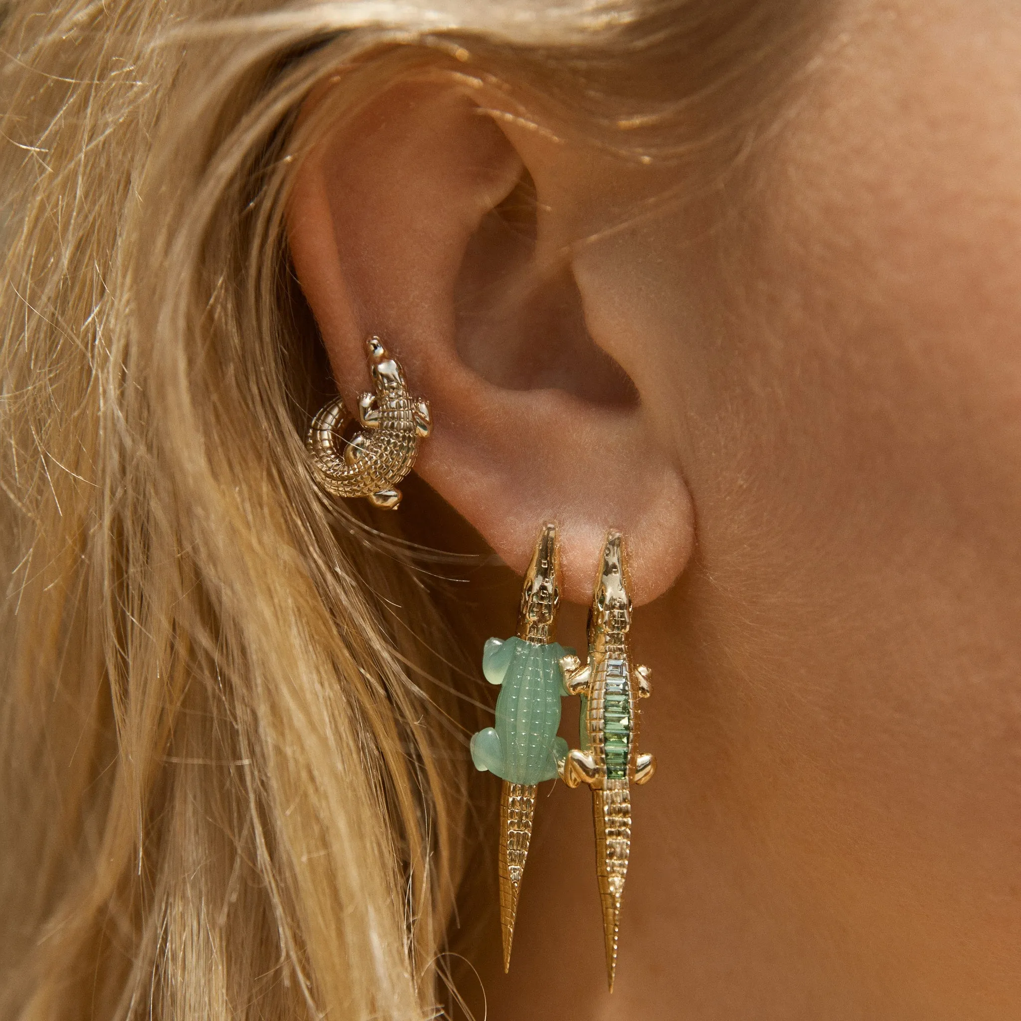 Green Amethyst Alligator Bite 18K Gold Earring