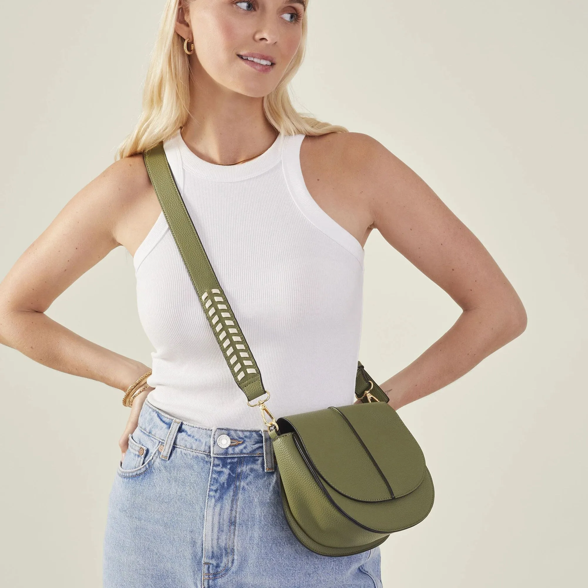 Green Stitch Strap Saddle Bag