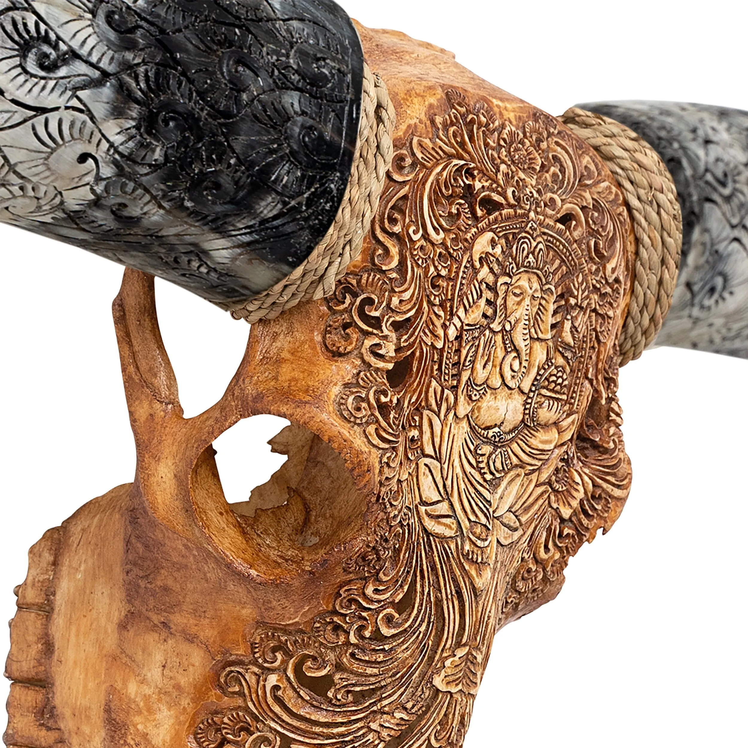 Hand Carved Longhorn Skull - Antique Ganesha