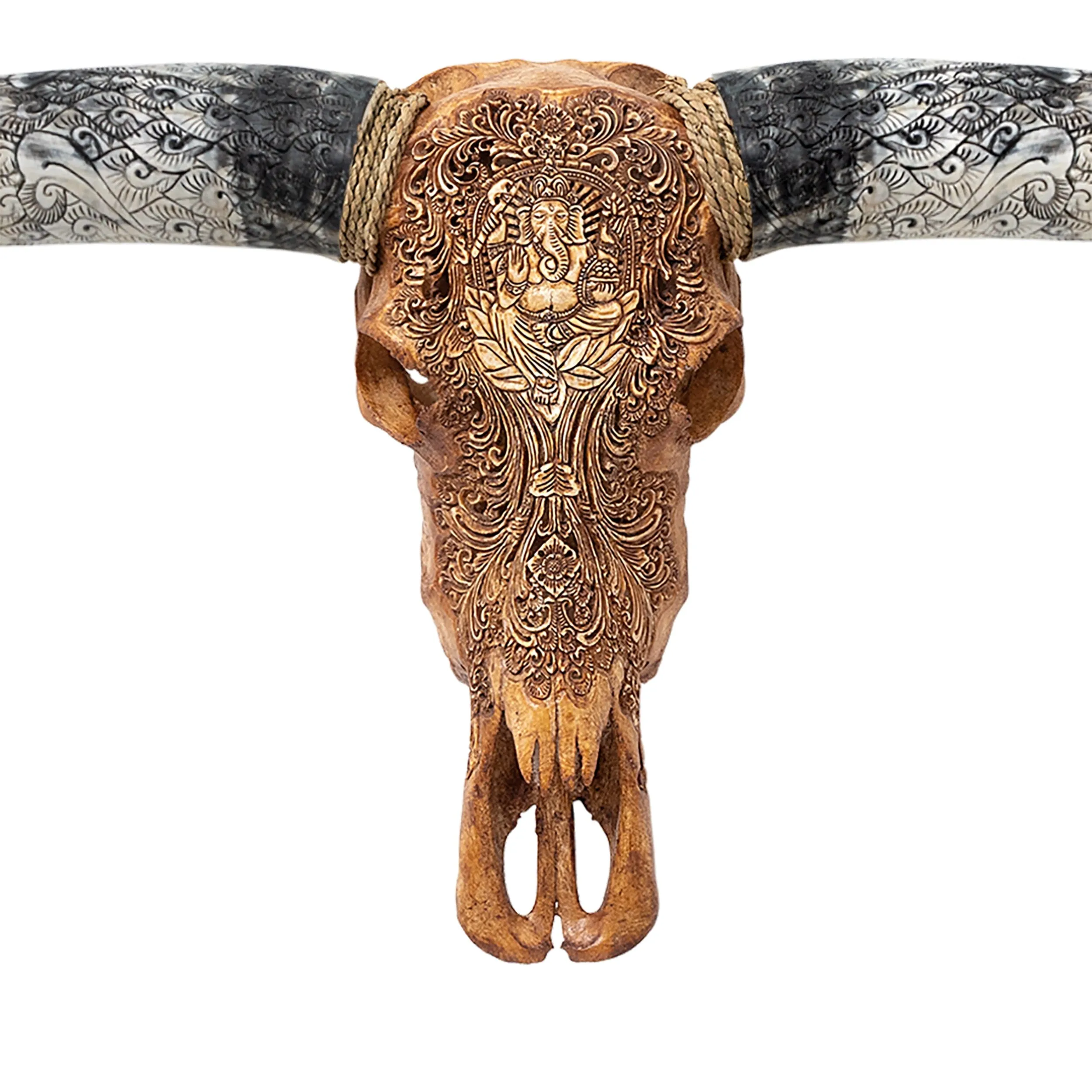 Hand Carved Longhorn Skull - Antique Ganesha