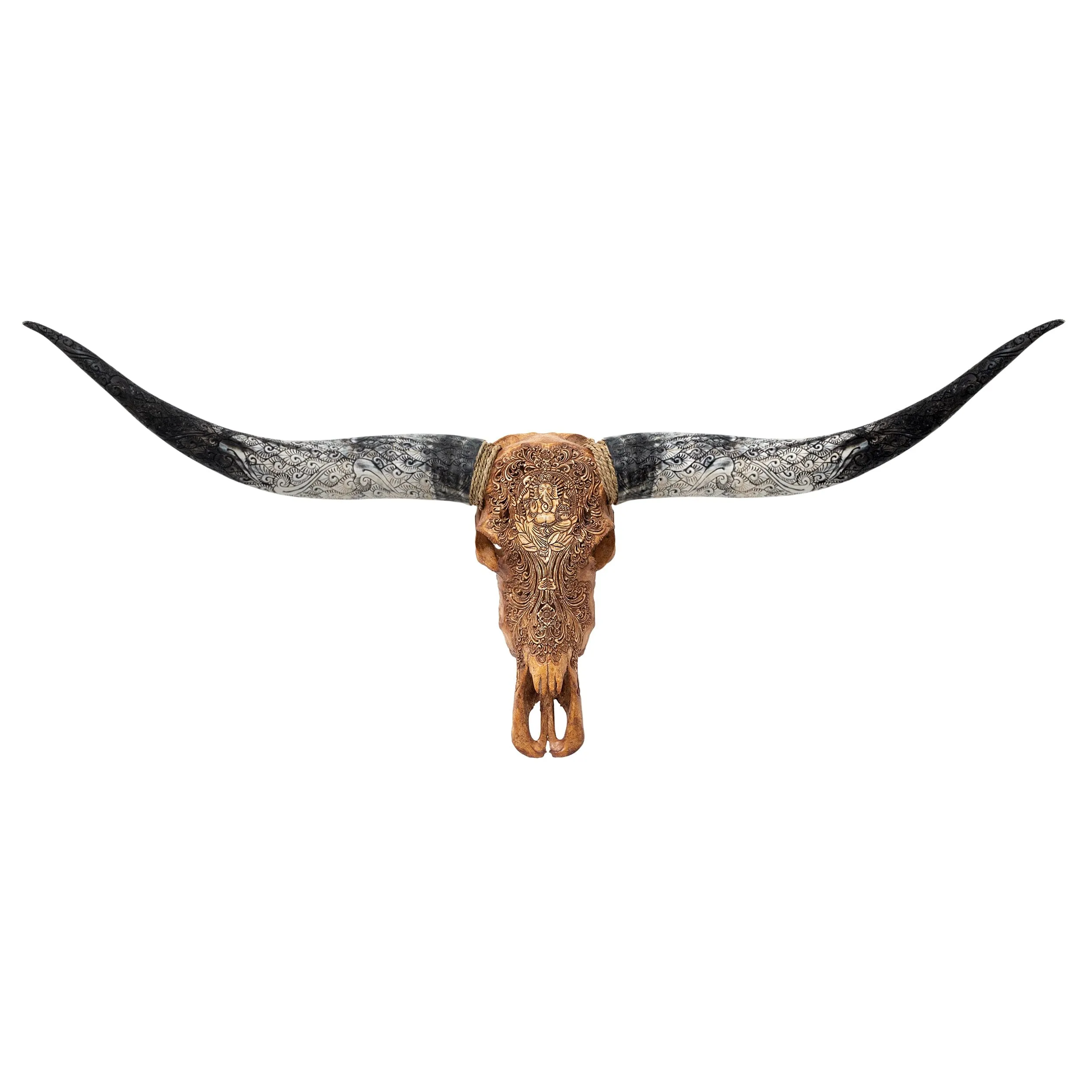 Hand Carved Longhorn Skull - Antique Ganesha