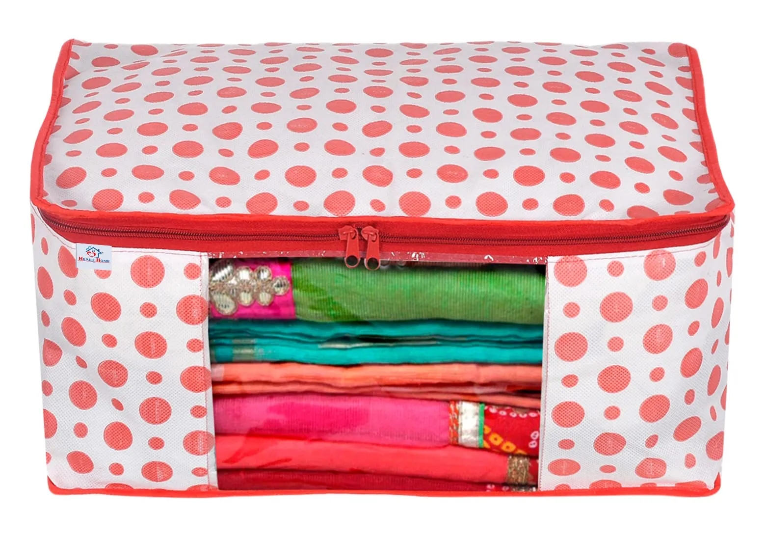 Heart Home Dot Printed Foldable, Lightweight Non-Woven Saree Cover/Organizer With Tranasparent Window- Pack of 6 (Pink)-46HH0483