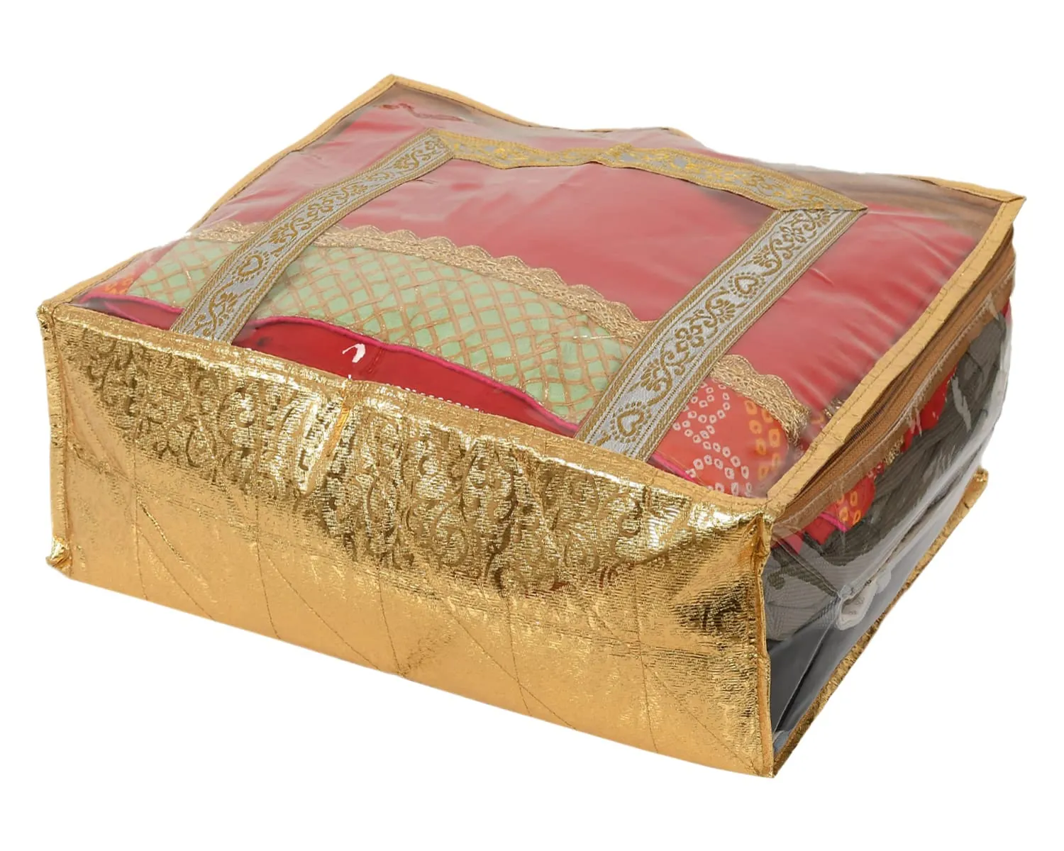 Heart Home Floral Print PVC Saree cover For Store Saree, Lehenga, Suit With Transparent Window (Golden) 54HH4162.