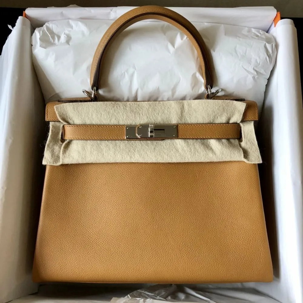 Hermès Kelly 28 Caramel Evercolor Palladium Hardware PHW