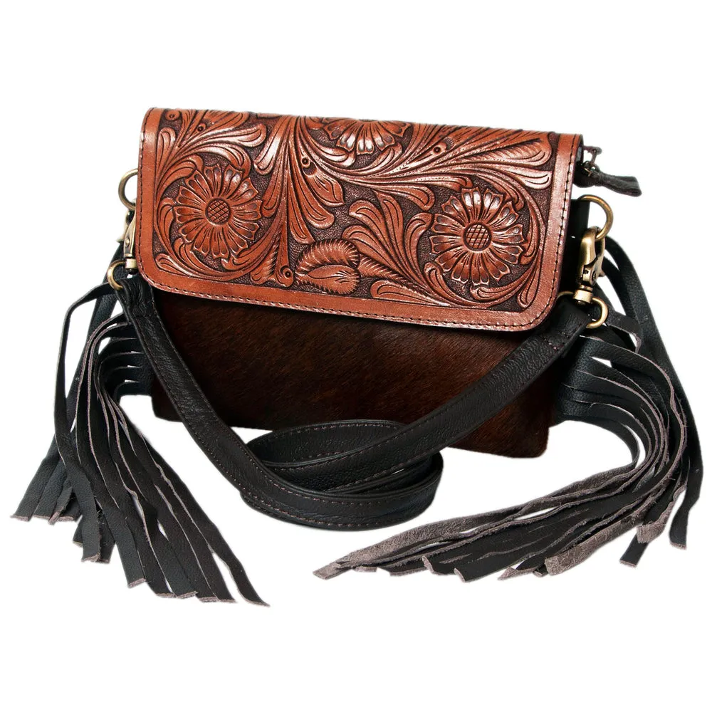 KBK121 - KBK121 -CROSS BODY Hand Tooled Saddle Leather with Cowhide Leather Ladies Bag KBK121 - KBK1