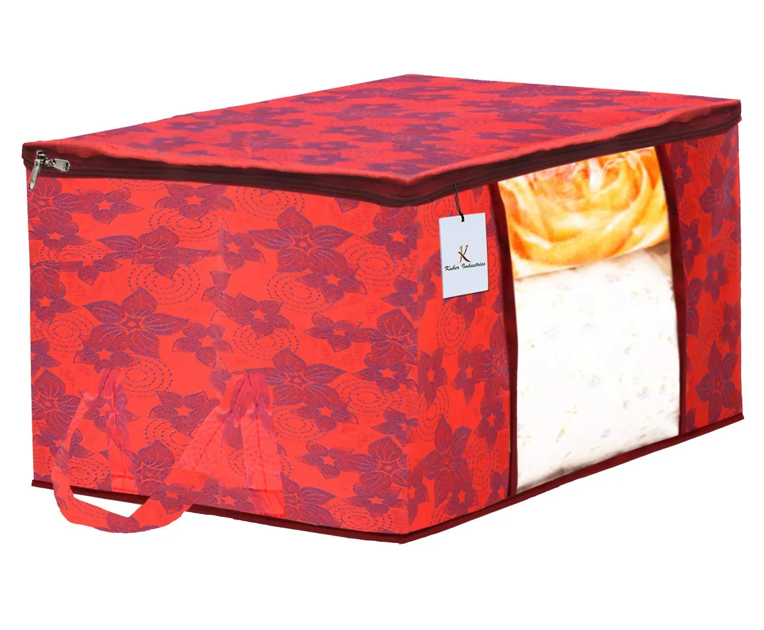 Kuber Industries Metalic Printed 4 Piece Non Woven Saree Cover and 4 Pieces Underbed Storage Bag, Storage Organiser, Blanket Cover, Beige & Red -CTKTC42421