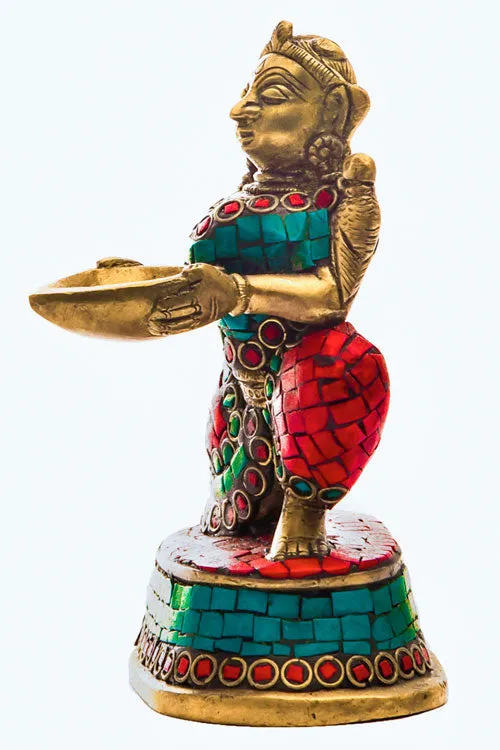 Lady With Diya Showpiece In Brass