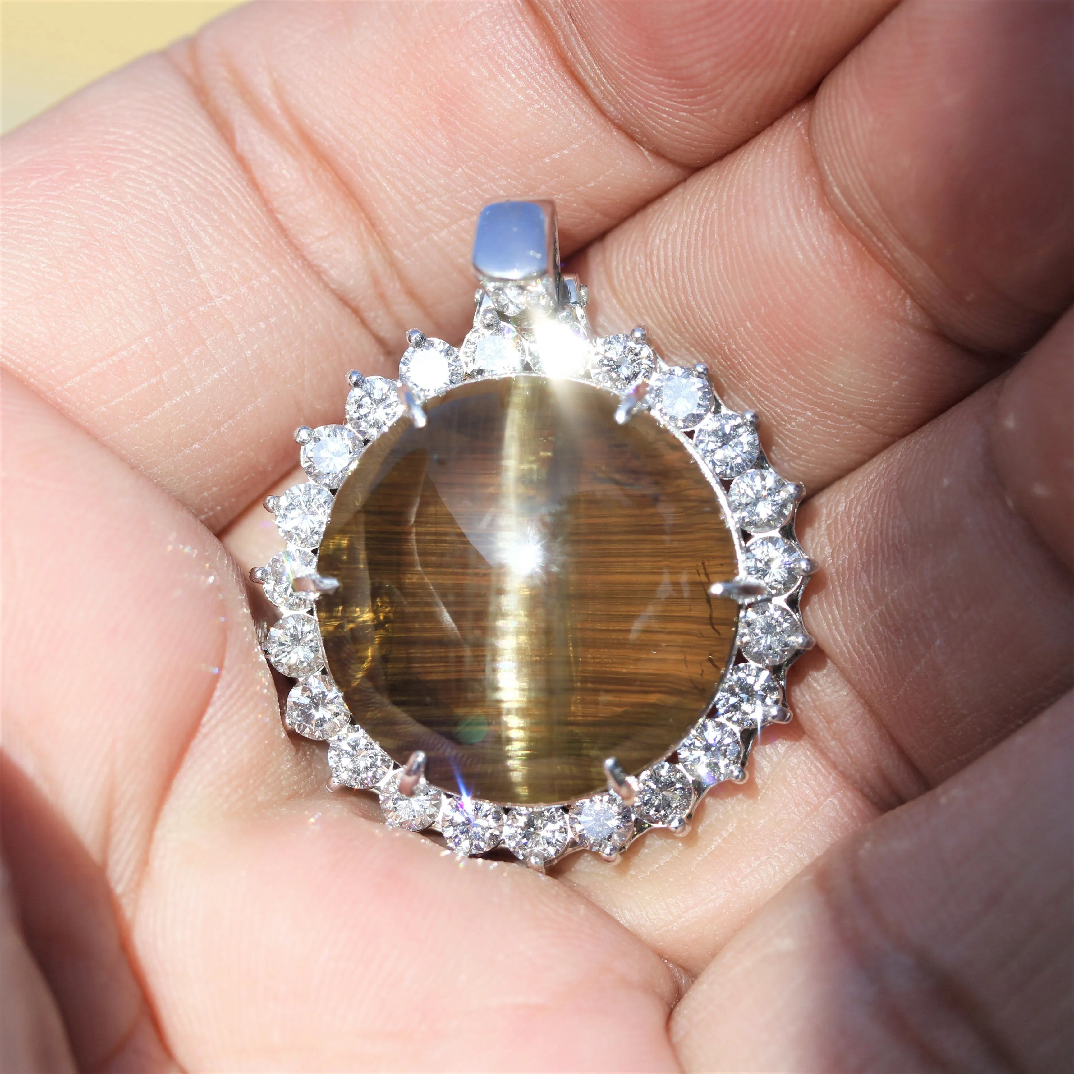 Large Cat’s Eye Quartz Diamond Halo Platinum Pendant