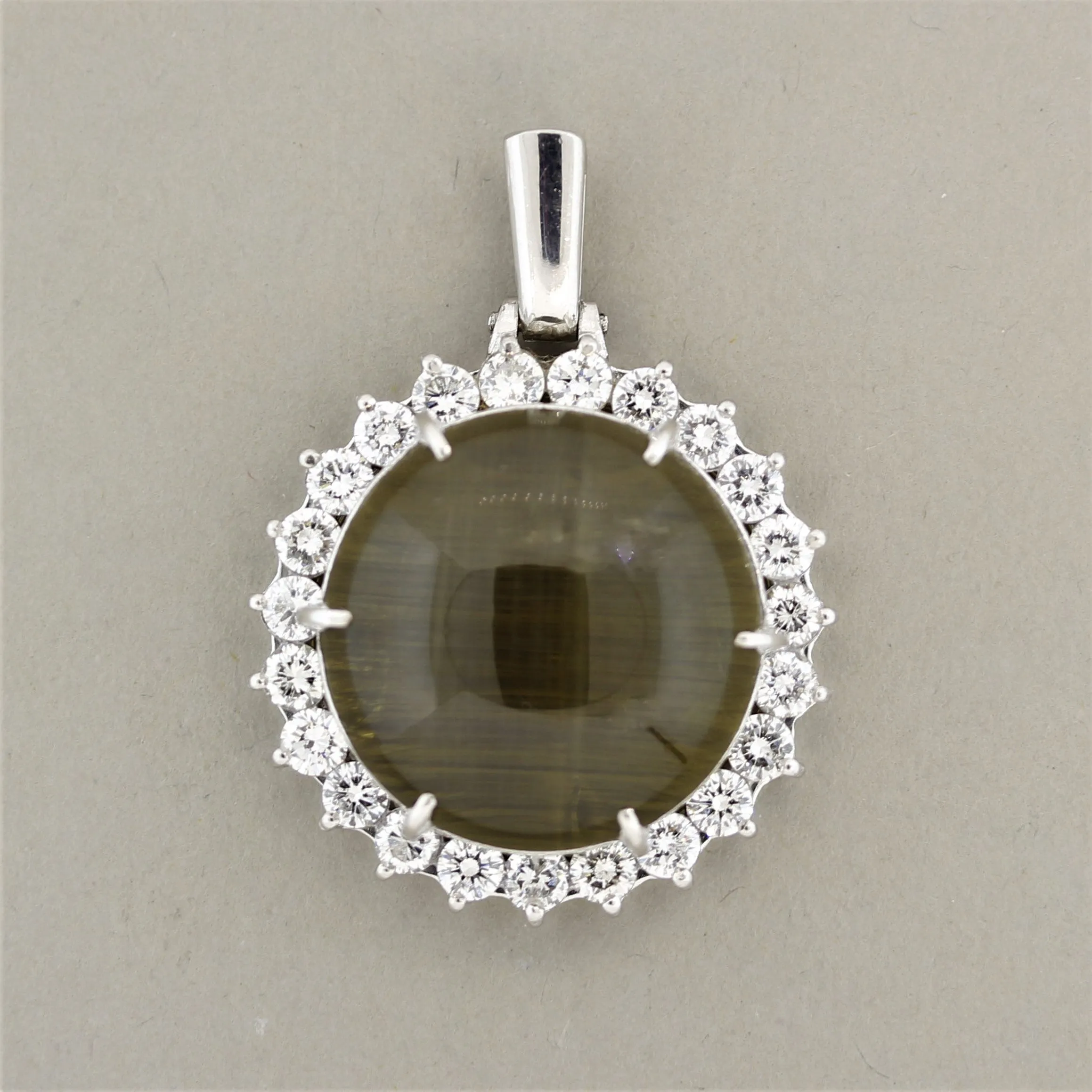 Large Cat’s Eye Quartz Diamond Halo Platinum Pendant