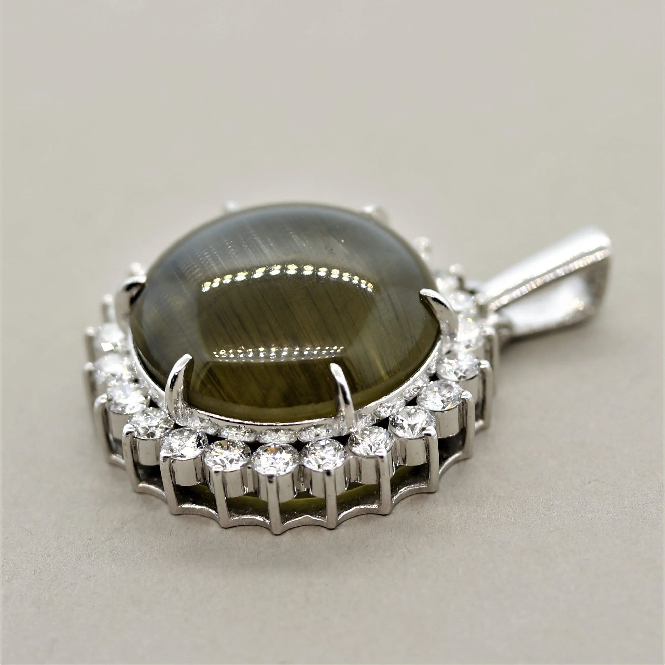 Large Cat’s Eye Quartz Diamond Halo Platinum Pendant