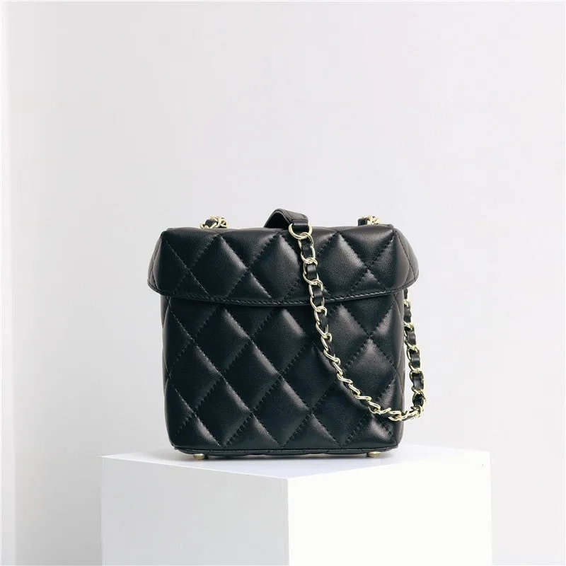 Leather Quilted Chain Cross Body Box Bag