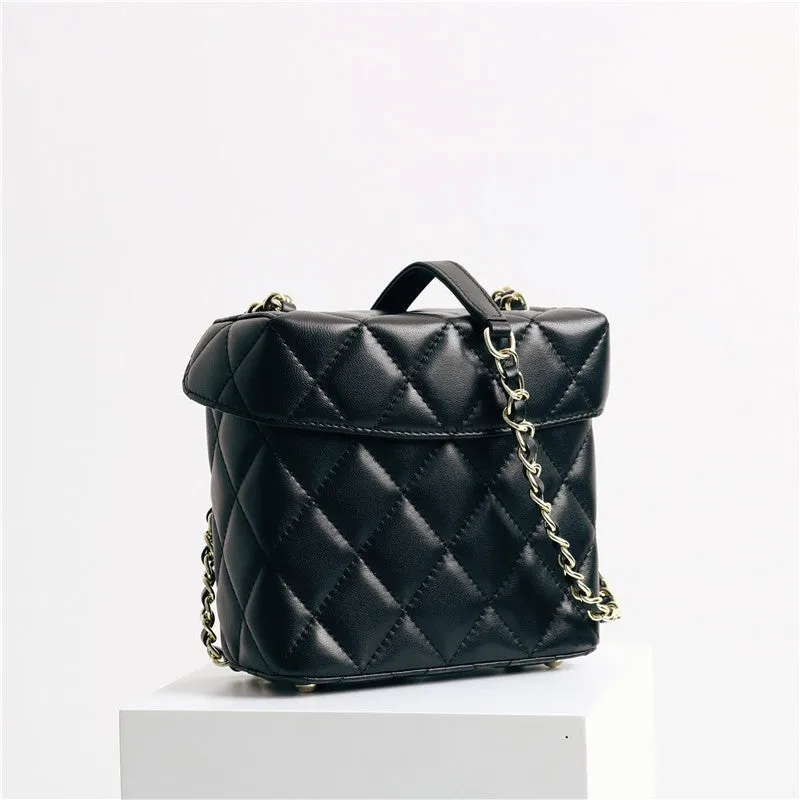 Leather Quilted Chain Cross Body Box Bag