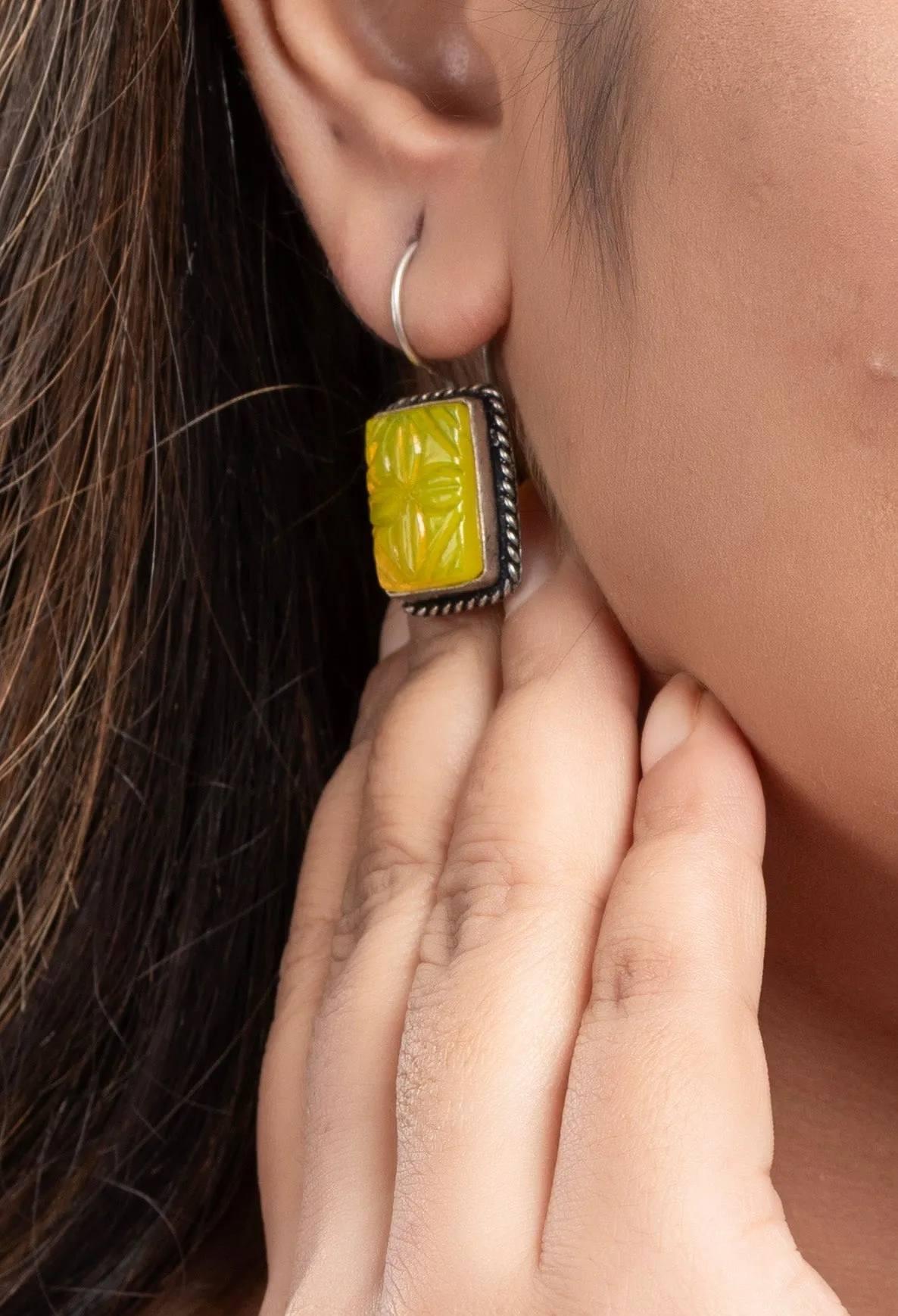 Lemon Yellow Carved Stone Earrings in Oxidised Silver, Non-Allergic