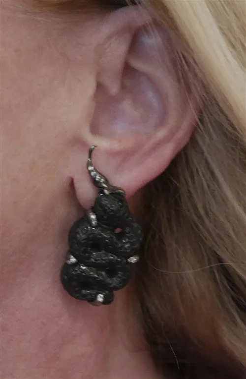 Lucifer Vir Honestus Snake Earrings with 18K Blackened Gold, Carved Jade, and Diamonds