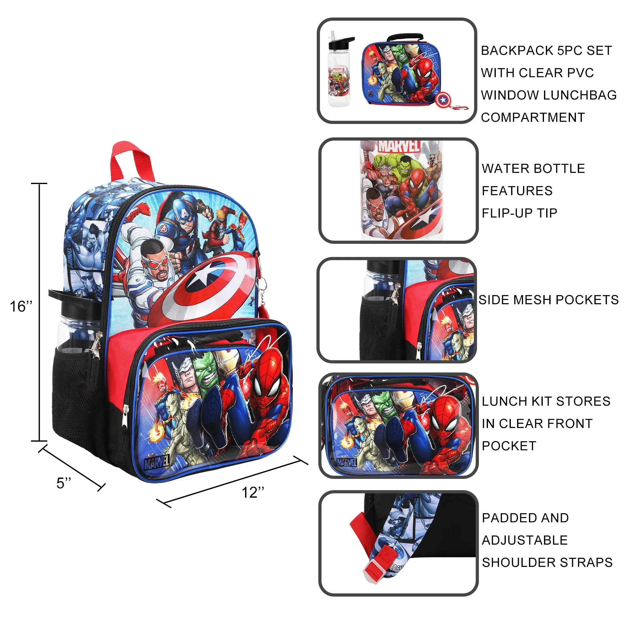 Marvel Avengers Kids 16" Backpack and Lunch Bag 5 Piece Set