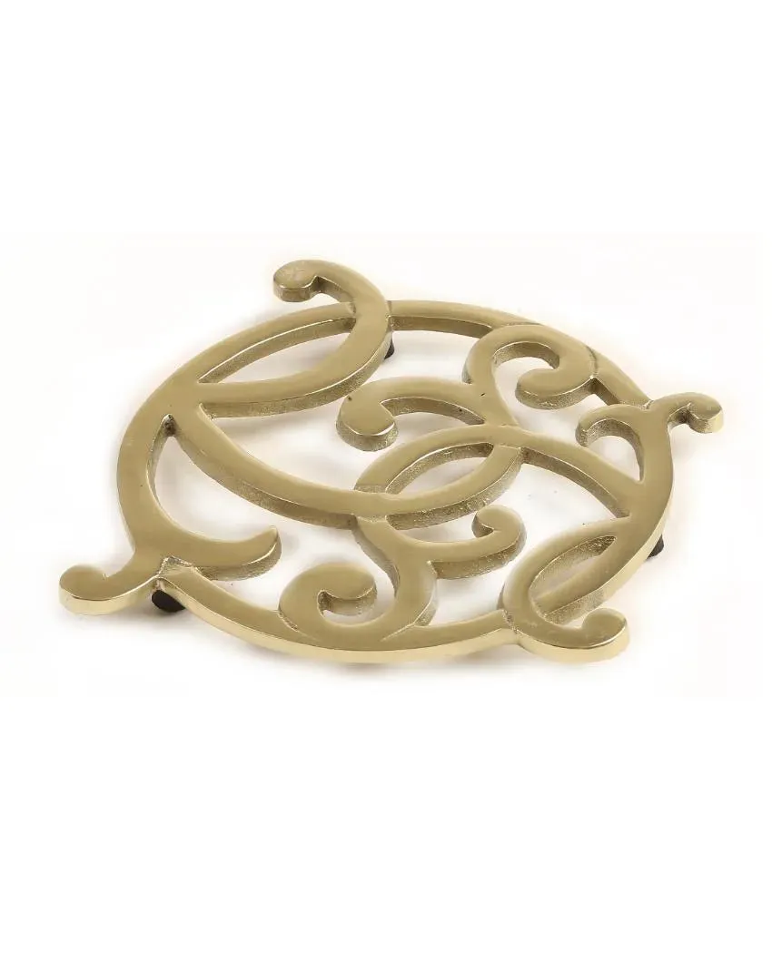 Matt Gold Flower Design Round Aluminum Trivet