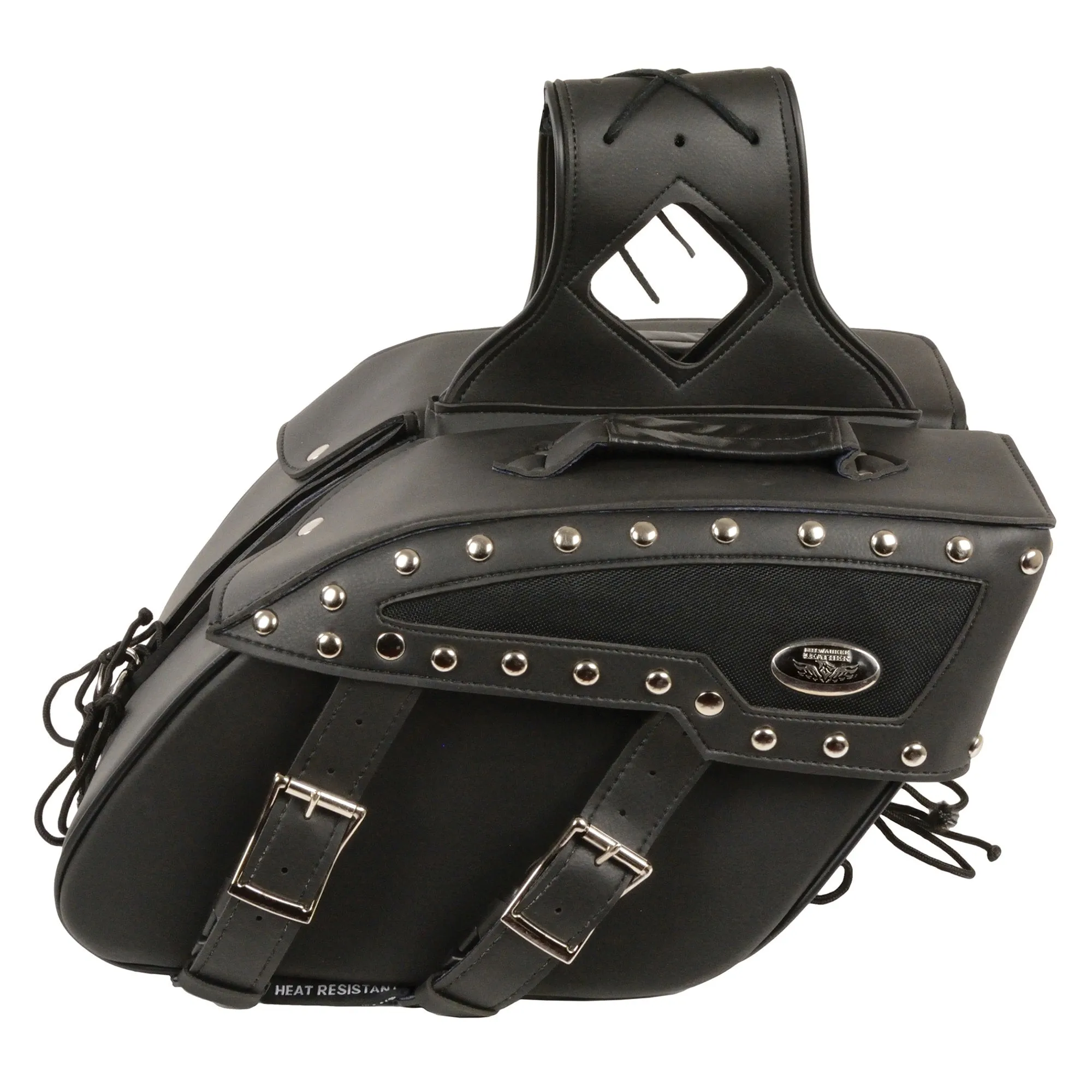 Medium Zip-Off Studded PVC Slanted Throw Over Saddle Bag (13X10X5.5X20)