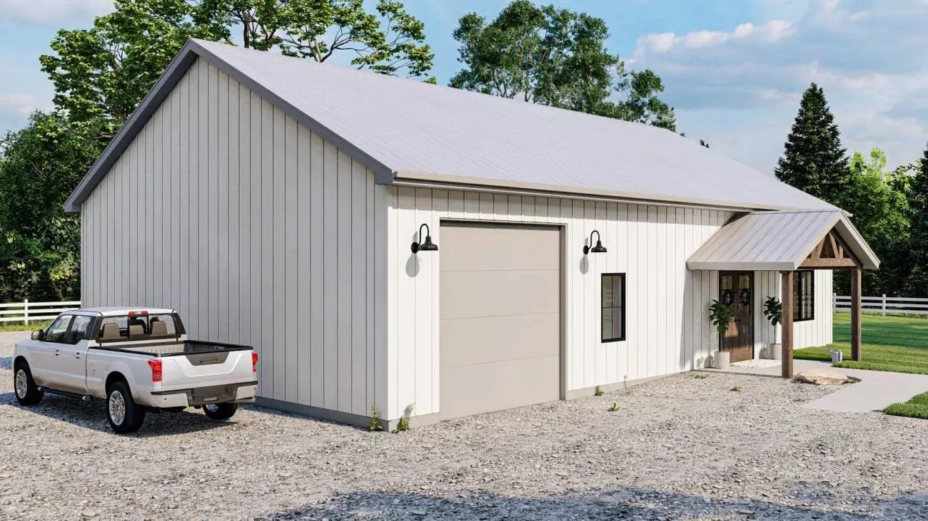 Modern Barndominium Style 2-Bedroom Home with Spacious Garage and High Ceilings