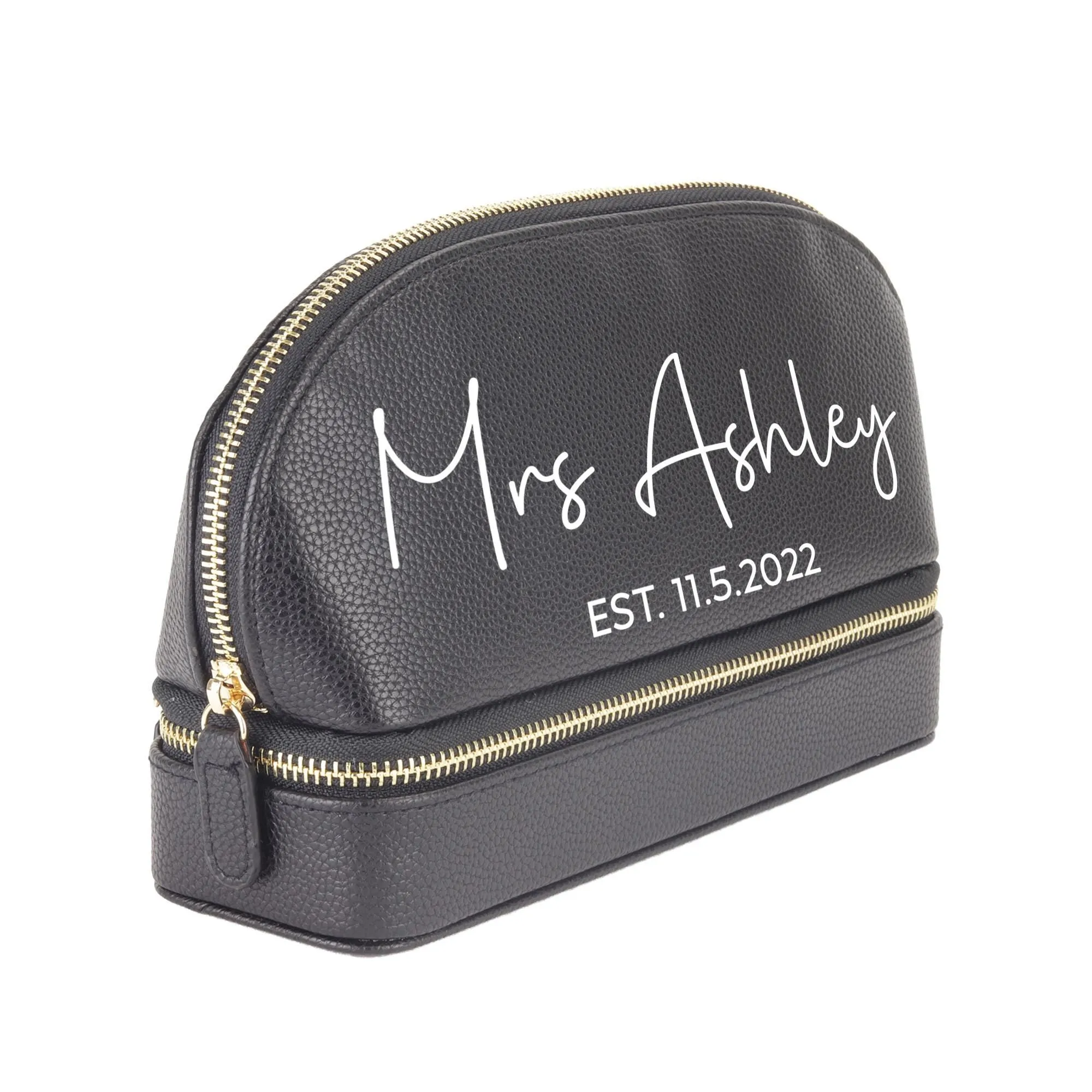 Mrs. Last Name Est Year Faux Leather Makeup Jewelry Bag Personalized Date Wedding Makeup Case Custom Bridal Shower Gift Honeymoon (BMB1004)