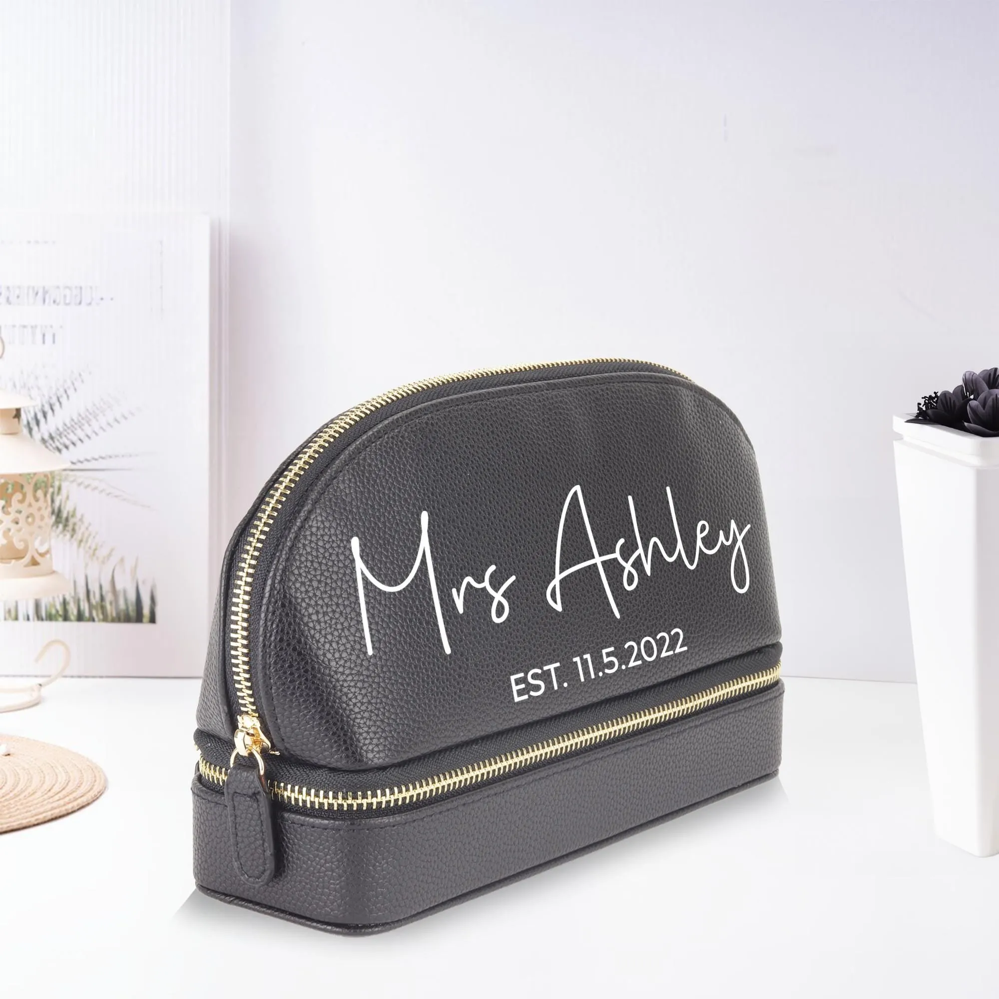 Mrs. Last Name Est Year Faux Leather Makeup Jewelry Bag Personalized Date Wedding Makeup Case Custom Bridal Shower Gift Honeymoon (BMB1004)