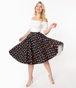 Navy & Orange Fox Print High Waist Swing Skirt