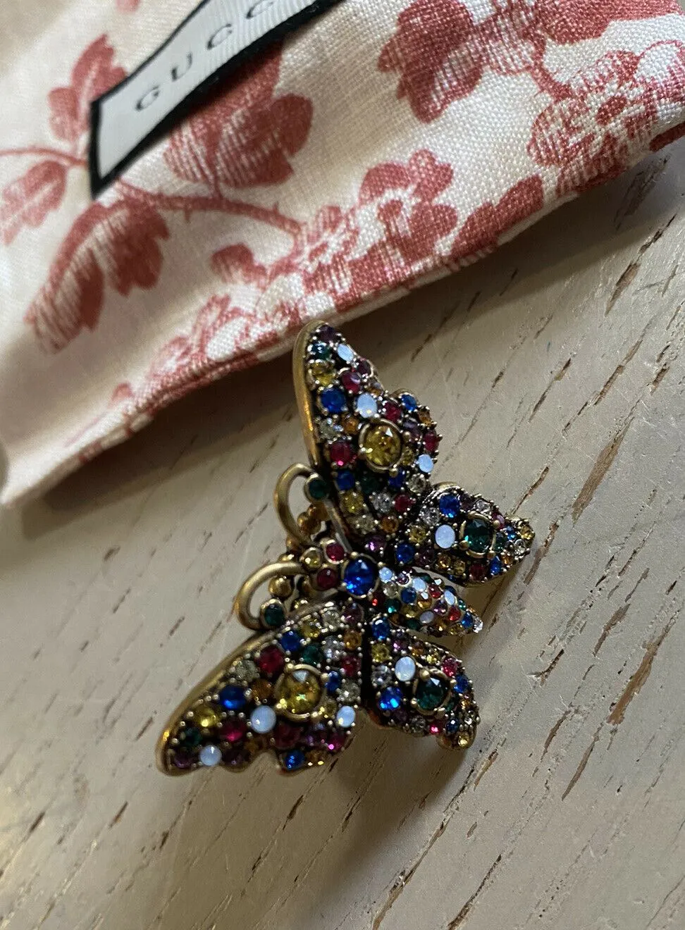 New Authentic GUCCI Women Crystal Studded Butterfly Ring Size S Italy