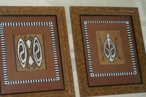 PAIR OF CUSTOM FRAMED Sentani Tapa Kapa Bark Cloths from Papua New Guinea. Handpainted with Natural Pigments by Tribal Artist: Abstract Stylized Insect and Butterfly Motifs 12.5" x 10.25" (DFBA1 & DFBA2)