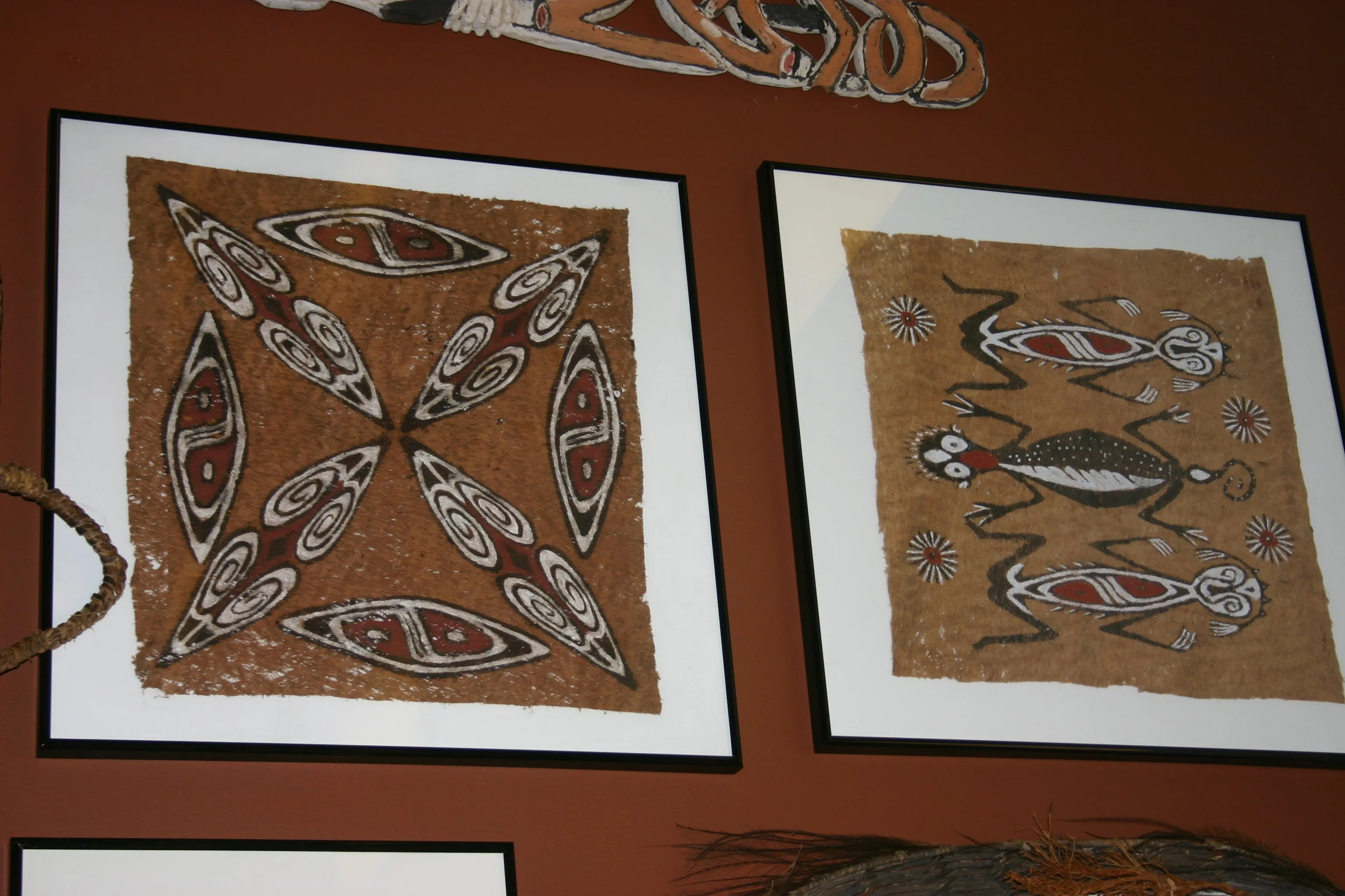 PAIR OF CUSTOM FRAMED Sentani Tapa Kapa Bark Cloths from Papua New Guinea. Handpainted with Natural Pigments by Tribal Artist: Abstract Stylized Insect and Butterfly Motifs 12.5" x 10.25" (DFBA1 & DFBA2)