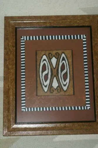 PAIR OF CUSTOM FRAMED Sentani Tapa Kapa Bark Cloths from Papua New Guinea. Handpainted with Natural Pigments by Tribal Artist: Abstract Stylized Insect and Butterfly Motifs 12.5" x 10.25" (DFBA1 & DFBA2)