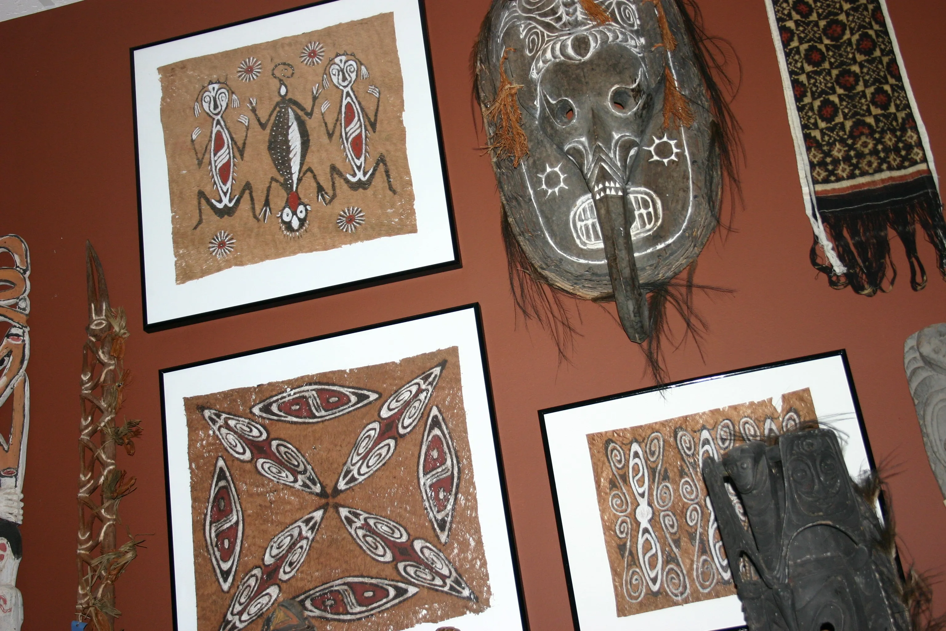 PAIR OF CUSTOM FRAMED Sentani Tapa Kapa Bark Cloths from Papua New Guinea. Handpainted with Natural Pigments by Tribal Artist: Abstract Stylized Insect and Butterfly Motifs 12.5" x 10.25" (DFBA1 & DFBA2)