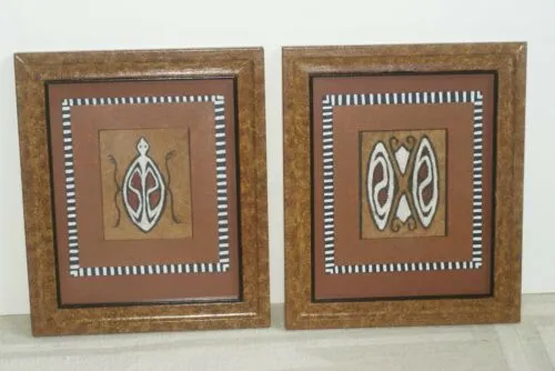 PAIR OF CUSTOM FRAMED Sentani Tapa Kapa Bark Cloths from Papua New Guinea. Handpainted with Natural Pigments by Tribal Artist: Abstract Stylized Insect and Butterfly Motifs 12.5" x 10.25" (DFBA1 & DFBA2)