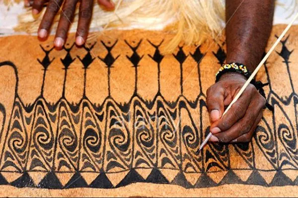 PAIR OF CUSTOM FRAMED Sentani Tapa Kapa Bark Cloths from Papua New Guinea. Handpainted with Natural Pigments by Tribal Artist: Abstract Stylized Insect and Butterfly Motifs 12.5" x 10.25" (DFBA1 & DFBA2)