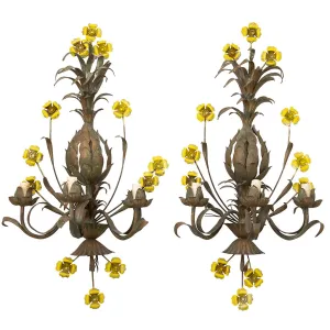 Pair of Large Wrought Iron Sconces with Painted Yellow Flowers