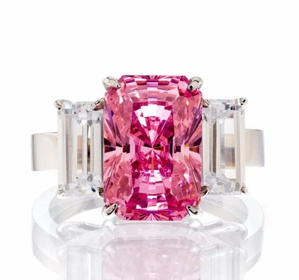 Pink Radiant Cut Cubic Zirconia Engagement Ring In Sterling Silver