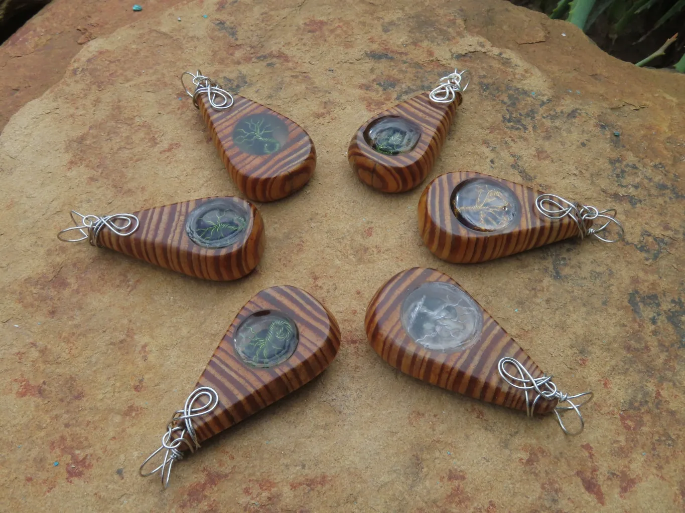 Polished Zebra Wood Pendant With Purpurite Centre & Tree Of Life - sold per piece From South Africa