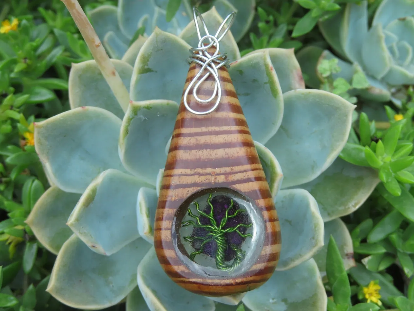 Polished Zebra Wood Pendant With Purpurite Centre & Tree Of Life - sold per piece From South Africa