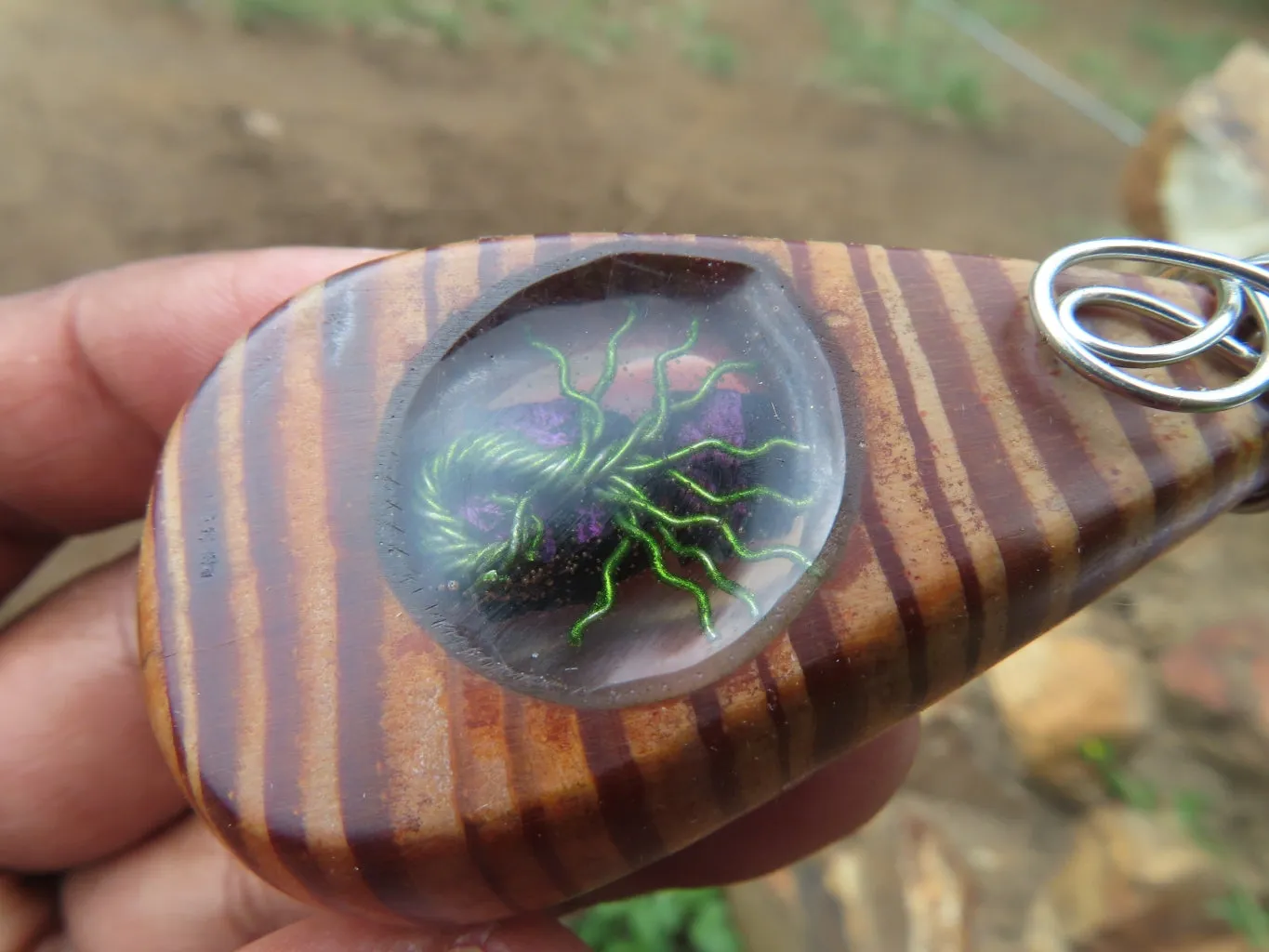 Polished Zebra Wood Pendant With Purpurite Centre & Tree Of Life - sold per piece From South Africa