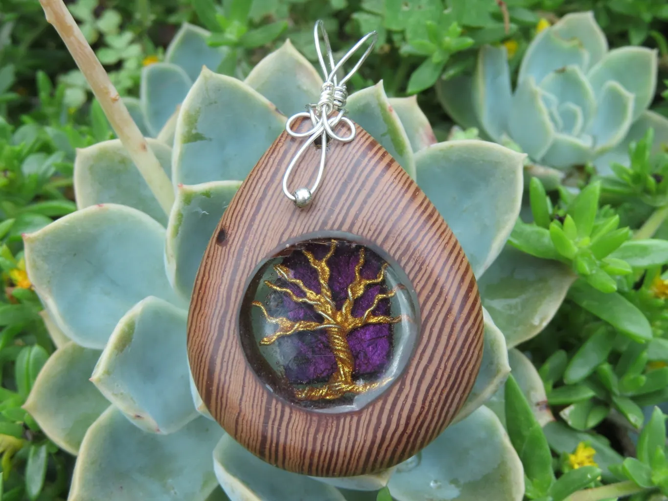 Polished Zebra Wood Pendant With Purpurite Centre & Tree Of Life - sold per piece From South Africa