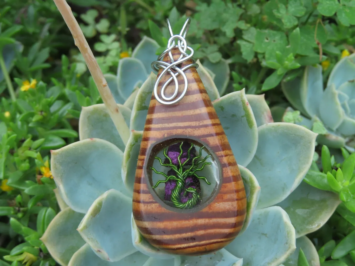 Polished Zebra Wood Pendant With Purpurite Centre & Tree Of Life - sold per piece From South Africa