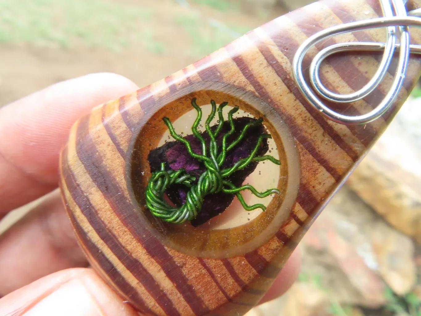 Polished Zebra Wood Pendant With Purpurite Centre & Tree Of Life - sold per piece From South Africa