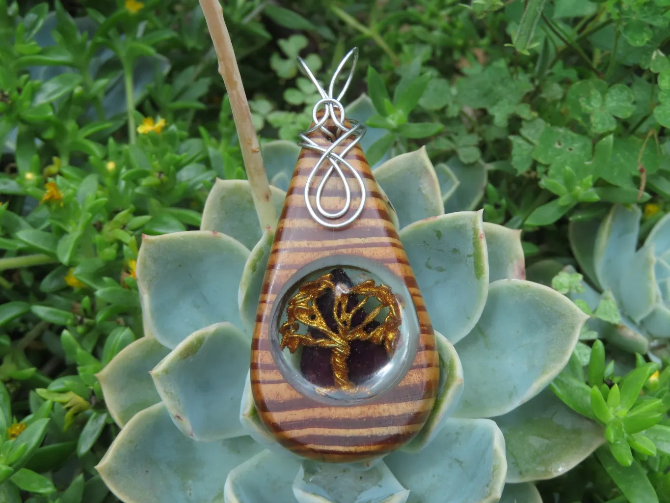 Polished Zebra Wood Pendant With Purpurite Centre & Tree Of Life - sold per piece From South Africa