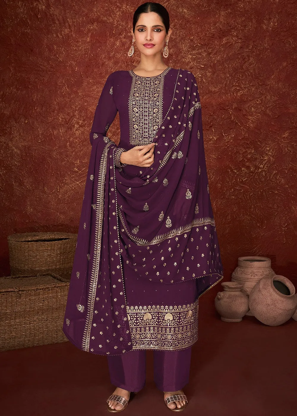 Purple & Gold Splendid Embroidered Pakistani Style Suit