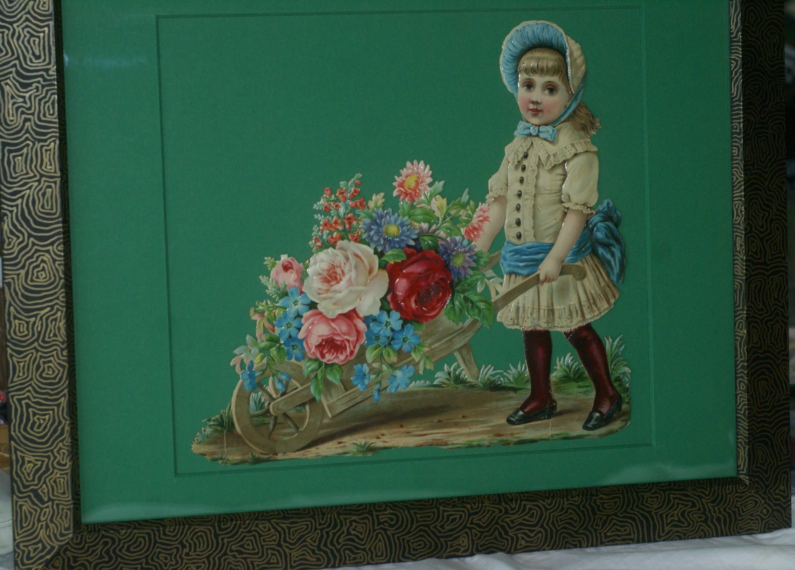 RARE EPHEMERA AMERICANA ANTIQUE WHIMSICAL ART 16 x 13” ORIGINAL 1880 LARGE VICTORIAN TRADE CARD AD DIE-CUT CHILD WHEELBARREL ROSES professionally framed in hand-painted detailed frame with 2 mats: DFPO2W WALL DÉCOR CUTE