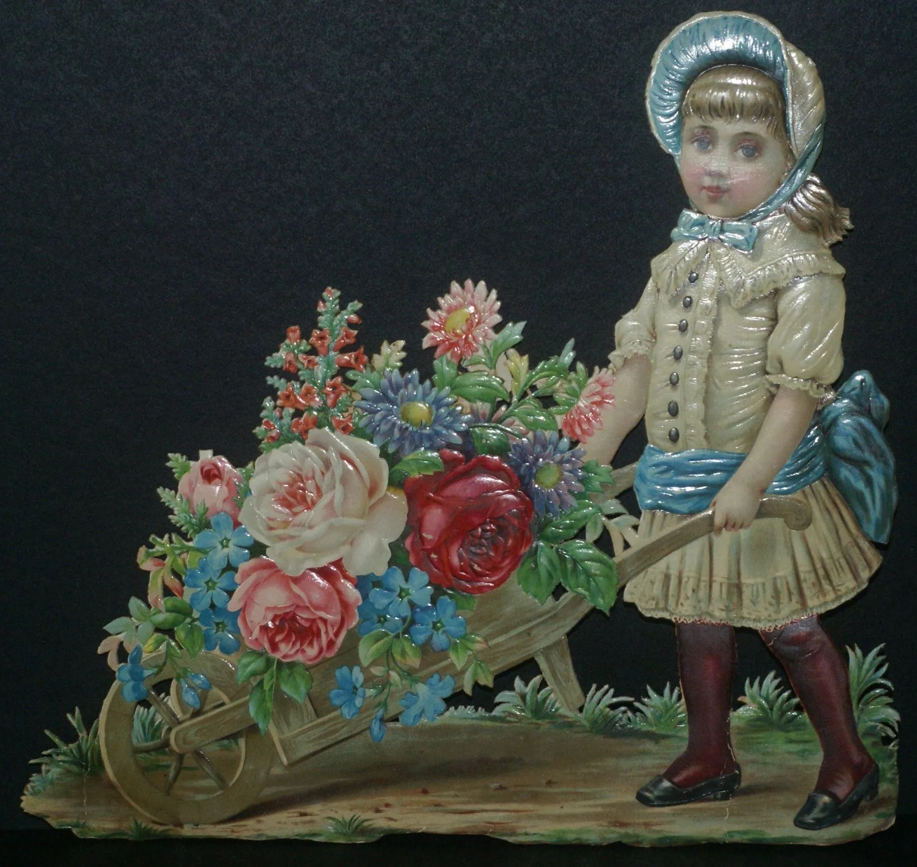 RARE EPHEMERA AMERICANA ANTIQUE WHIMSICAL ART 16 x 13” ORIGINAL 1880 LARGE VICTORIAN TRADE CARD AD DIE-CUT CHILD WHEELBARREL ROSES professionally framed in hand-painted detailed frame with 2 mats: DFPO2W WALL DÉCOR CUTE