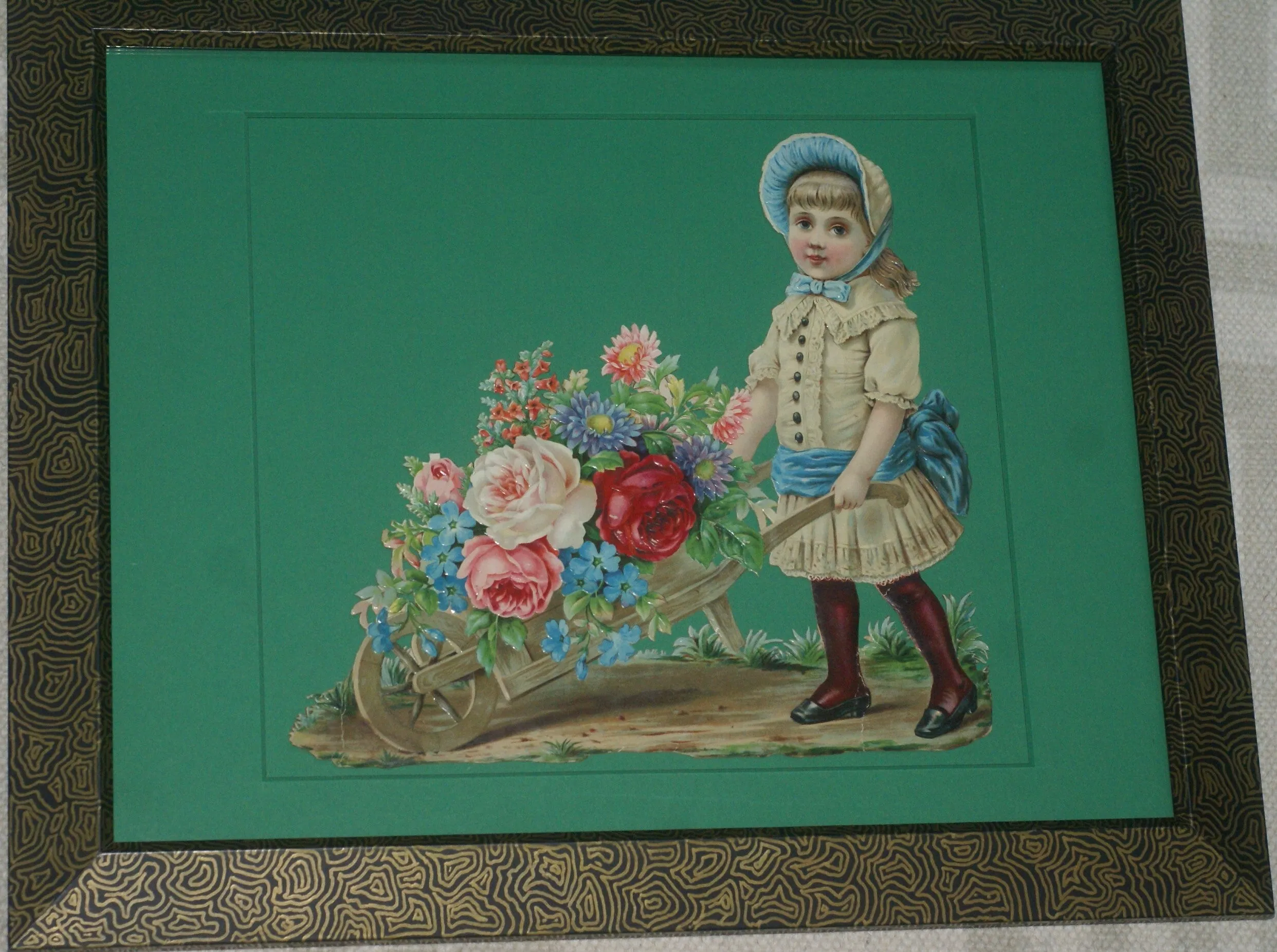 RARE EPHEMERA AMERICANA ANTIQUE WHIMSICAL ART 16 x 13” ORIGINAL 1880 LARGE VICTORIAN TRADE CARD AD DIE-CUT CHILD WHEELBARREL ROSES professionally framed in hand-painted detailed frame with 2 mats: DFPO2W WALL DÉCOR CUTE