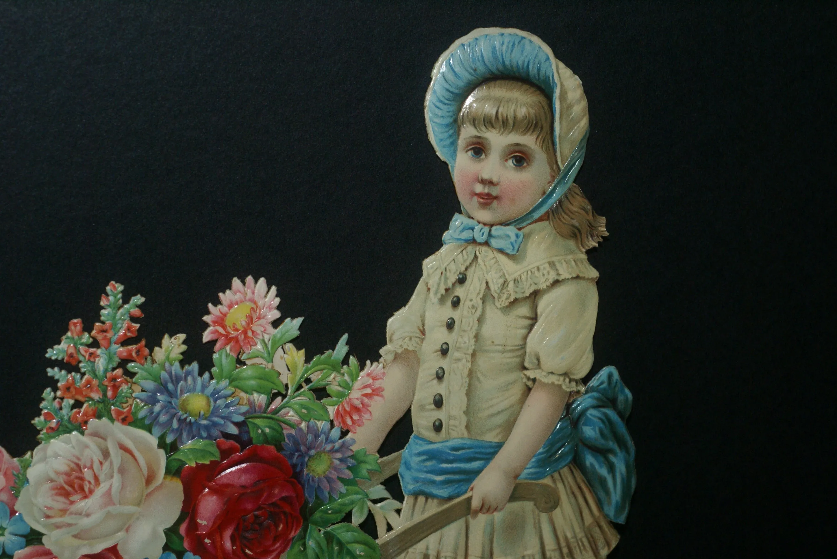 RARE EPHEMERA AMERICANA ANTIQUE WHIMSICAL ART 16 x 13” ORIGINAL 1880 LARGE VICTORIAN TRADE CARD AD DIE-CUT CHILD WHEELBARREL ROSES professionally framed in hand-painted detailed frame with 2 mats: DFPO2W WALL DÉCOR CUTE