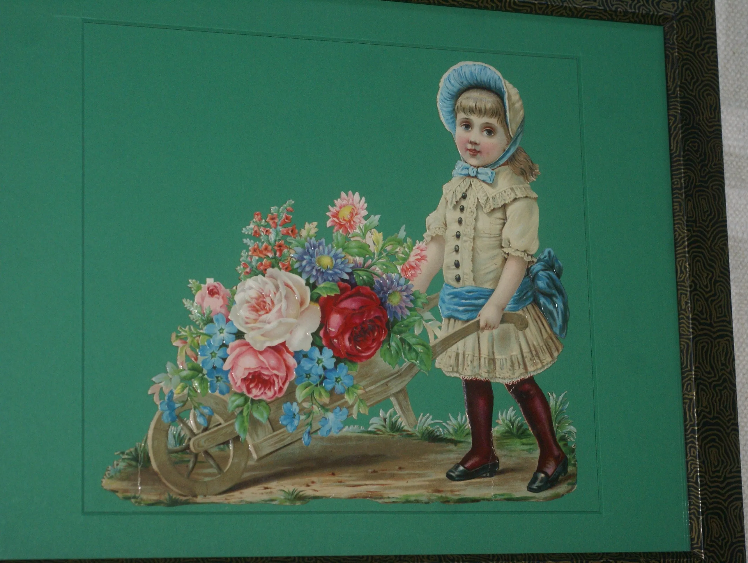 RARE EPHEMERA AMERICANA ANTIQUE WHIMSICAL ART 16 x 13” ORIGINAL 1880 LARGE VICTORIAN TRADE CARD AD DIE-CUT CHILD WHEELBARREL ROSES professionally framed in hand-painted detailed frame with 2 mats: DFPO2W WALL DÉCOR CUTE