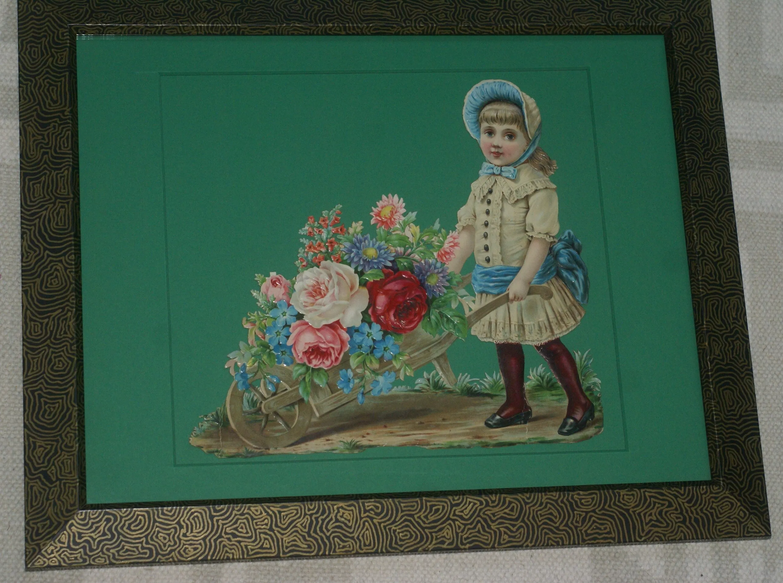 RARE EPHEMERA AMERICANA ANTIQUE WHIMSICAL ART 16 x 13” ORIGINAL 1880 LARGE VICTORIAN TRADE CARD AD DIE-CUT CHILD WHEELBARREL ROSES professionally framed in hand-painted detailed frame with 2 mats: DFPO2W WALL DÉCOR CUTE