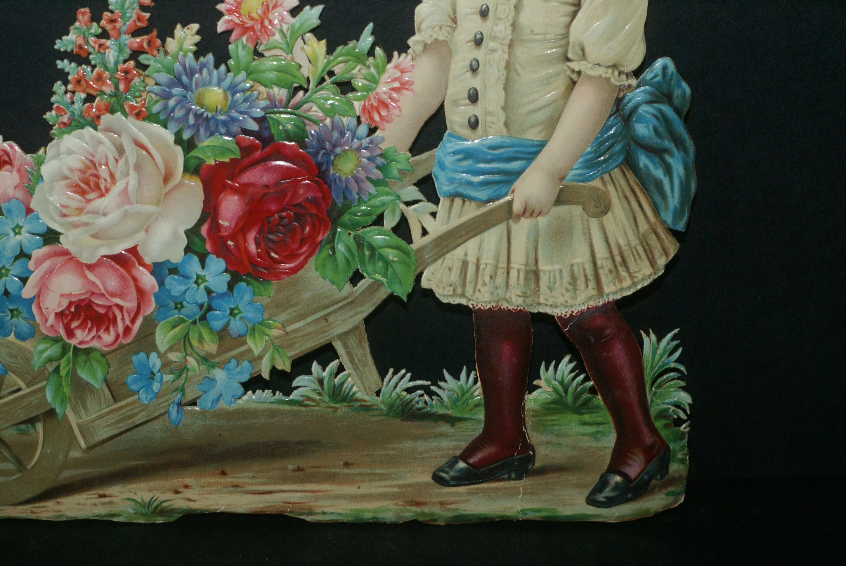 RARE EPHEMERA AMERICANA ANTIQUE WHIMSICAL ART 16 x 13” ORIGINAL 1880 LARGE VICTORIAN TRADE CARD AD DIE-CUT CHILD WHEELBARREL ROSES professionally framed in hand-painted detailed frame with 2 mats: DFPO2W WALL DÉCOR CUTE