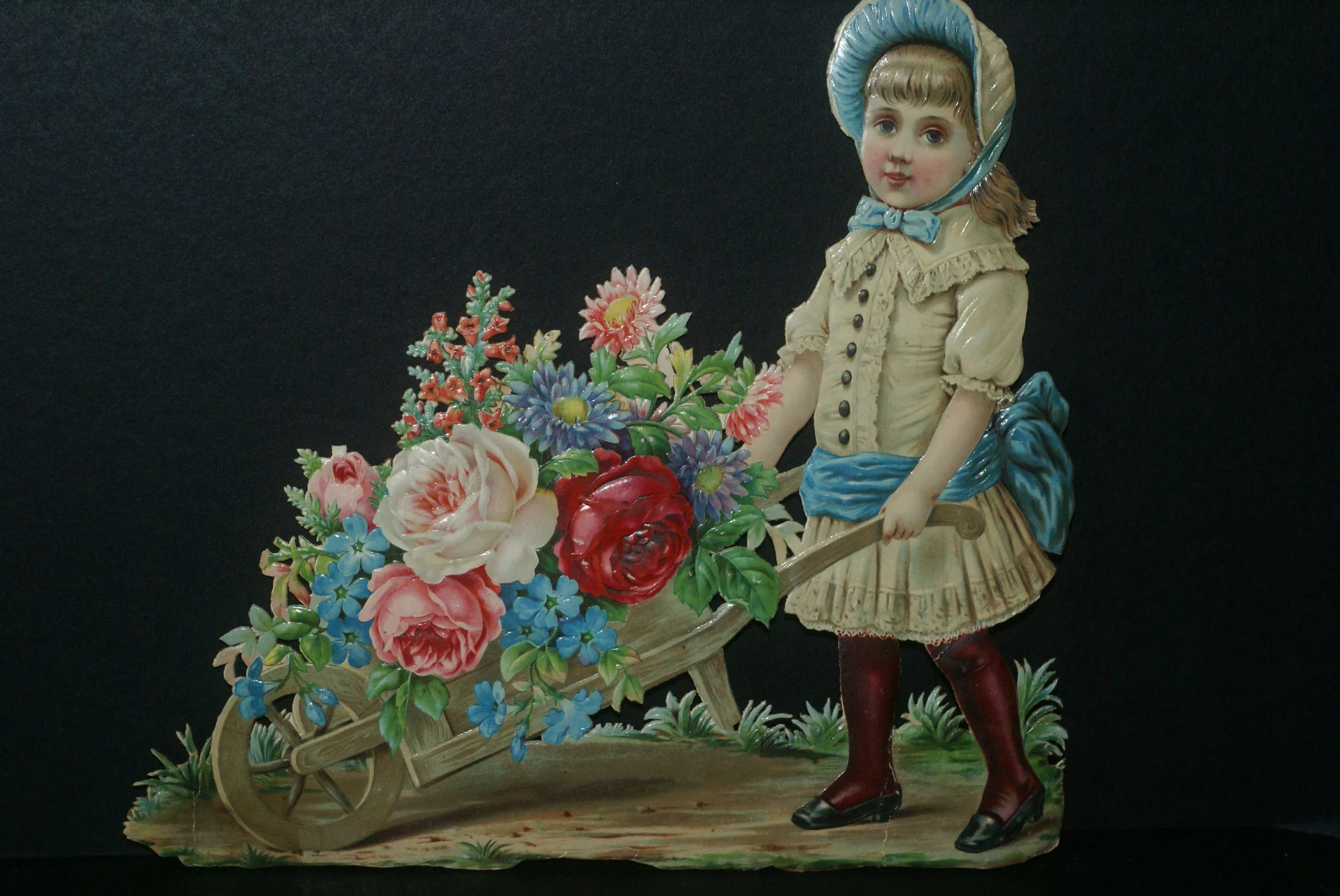 RARE EPHEMERA AMERICANA ANTIQUE WHIMSICAL ART 16 x 13” ORIGINAL 1880 LARGE VICTORIAN TRADE CARD AD DIE-CUT CHILD WHEELBARREL ROSES professionally framed in hand-painted detailed frame with 2 mats: DFPO2W WALL DÉCOR CUTE